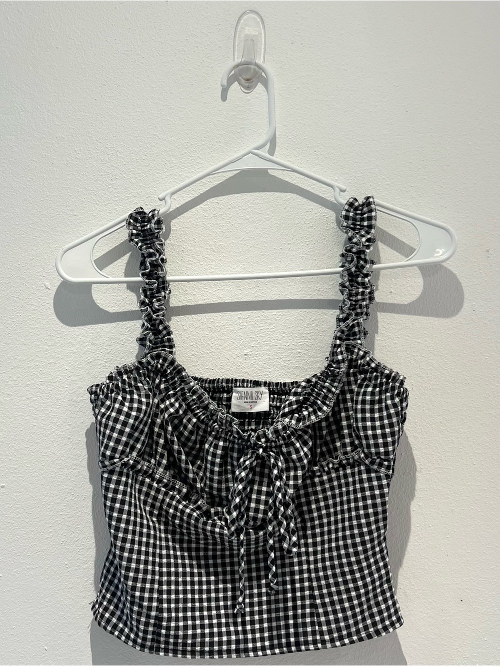 Sienna Sky Black & White Gingham Ruffle Tie-Front Crop Camisole